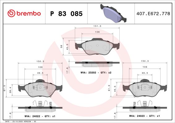 A.B.S. P 83 085 BREMBO Bremsbelagsatz, Scheibenbremse